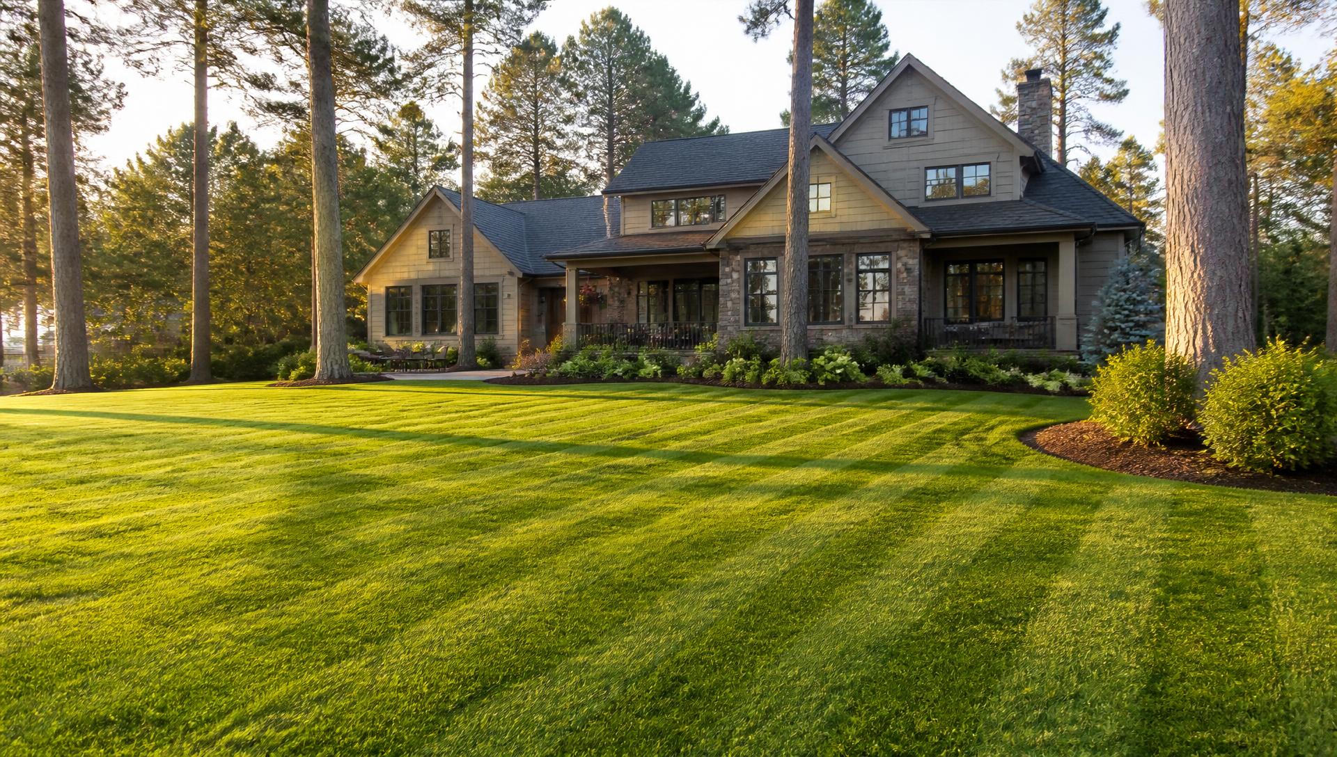 Freshly mowed striped lawn in front of a Minnesota home surrounded by pines